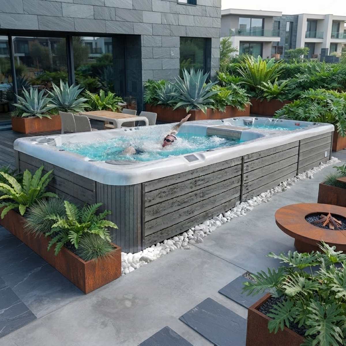 Schwimmspa kaufen mit Gegenstromanlage mit Whirlpool integriert freistehend Preise Pool im Garten Kombination Duo Dual Zone mit Abdeckung teilversenkt Bremen Wien