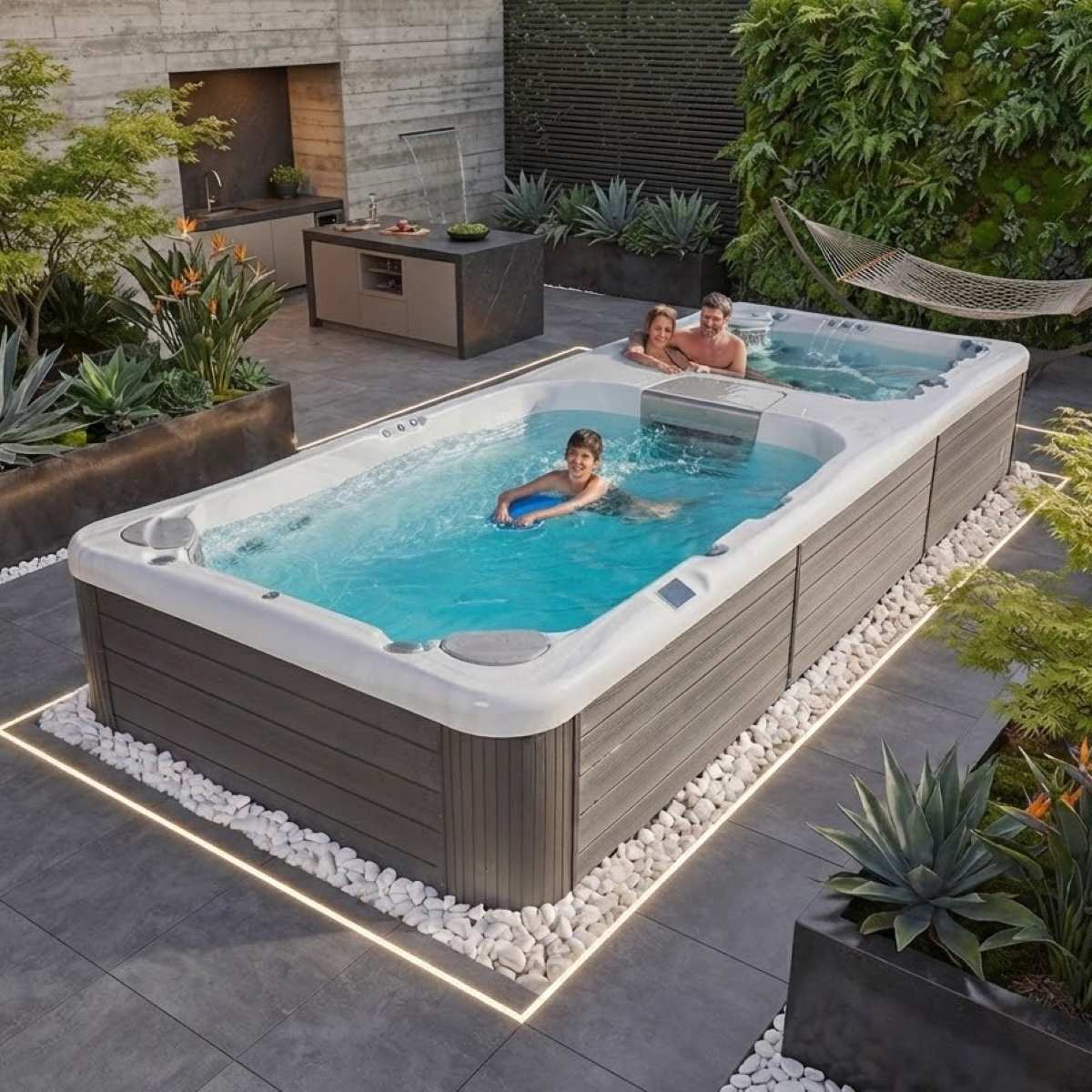 Swim Spa Pool mit Gegenstromanlage und Whirlpool intergriert Kombination Duo Zone kaufen Preis teilversenkt Berlin Wien Wellis Swim Spa Reluxis Rio Grande W-Flow