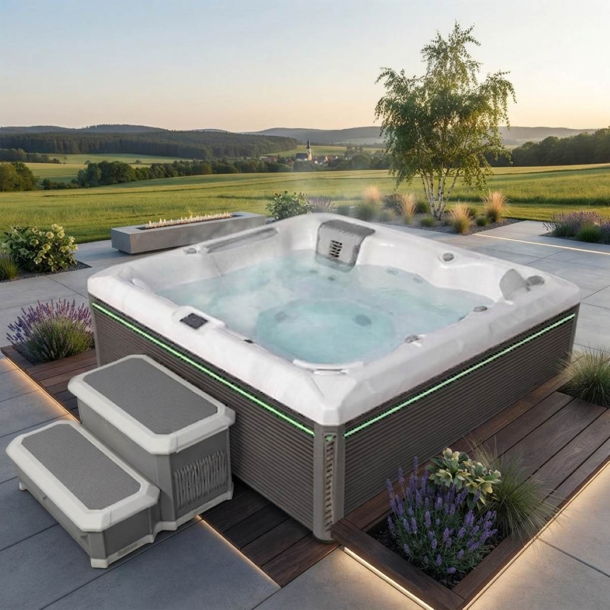 Garten Whirlpool kaufen Ideen winterfest 4 Personen eckig auf der Terrasse draußen ganzjährig Kosten Angebot mit Abdeckung mit Wärmepumpe