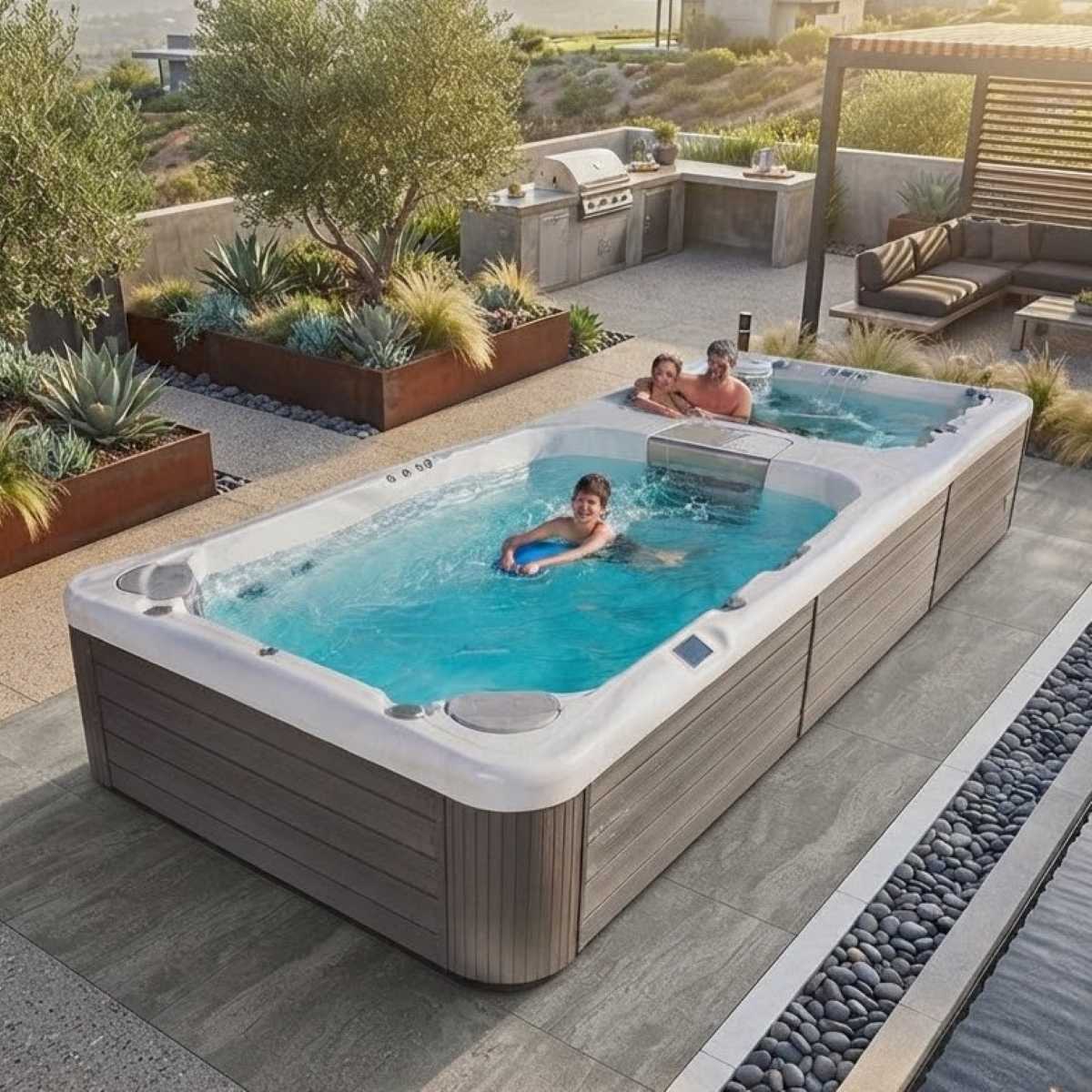 Pool mit Whirlpool Garten und Gegenstromanlage kaufen Preise Swim Spa Pool integriert teilversenkt Bodeneinbau eingelassen Kosten mit Abdeckung Frankfurt Linz