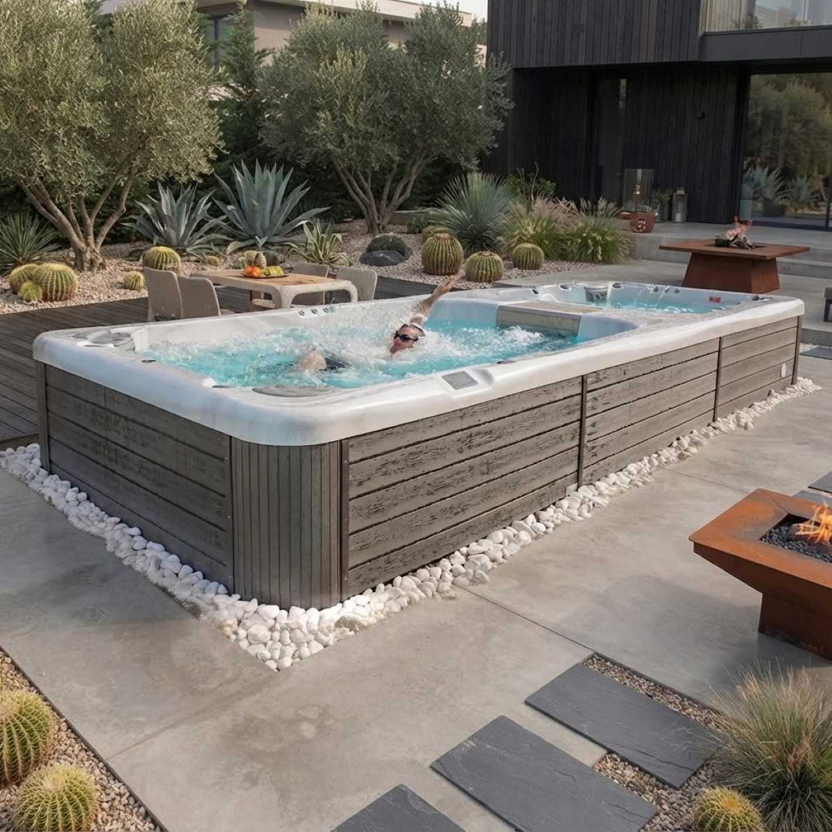 Pool mit Whirlpool Garten und Gegenstromanlage kaufen Preise Swim Spa Pool integriert teilversenkt Bodeneinbau eingelassen Kosten mit Abdeckung Hamburg Graz
