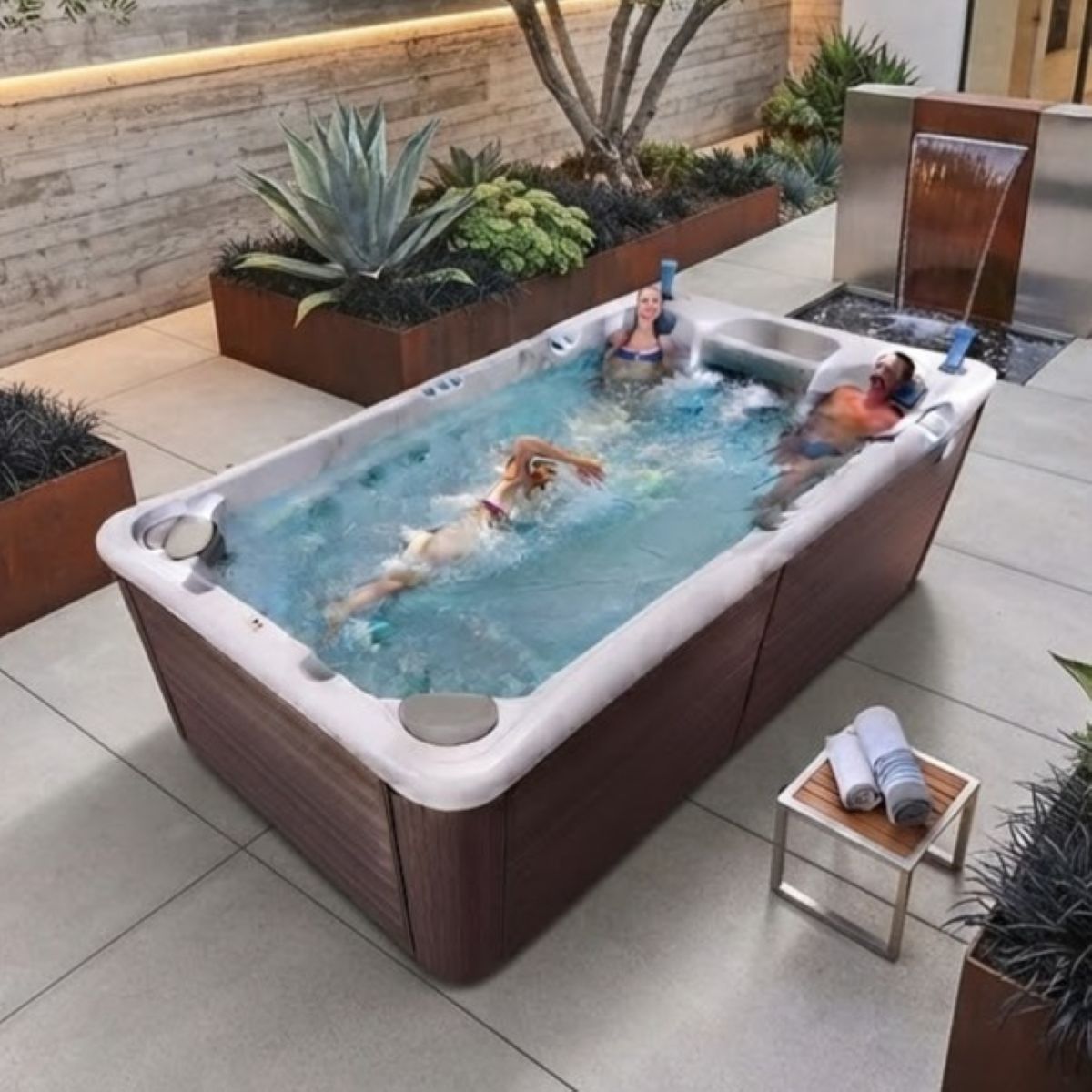 Pool mit Whirlpool und Gegenstromanlage Garten kaufen Preise Swim Spa Pool integriert freistehend Kosten mit Abdeckung Berlin Hamburg Wien Graz Linz
