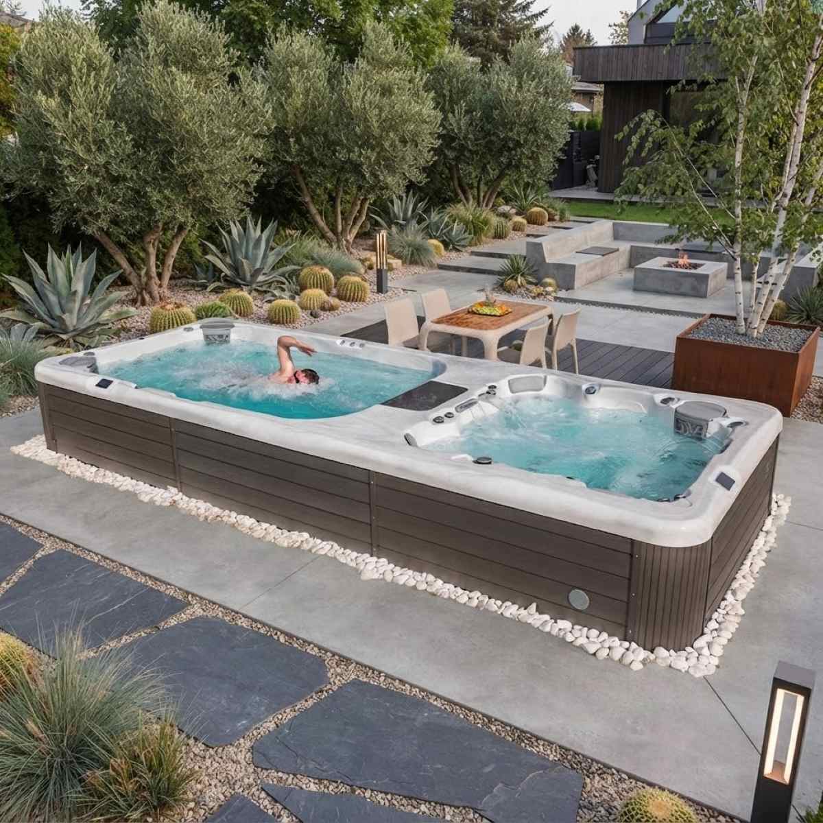 Pool mit Whirlpool und Gegenstromanlage Garten kaufen Preise Swim Spa Pool integriert teilversenkt Bodeneinbau eingelassen Kosten mit Abdeckung Köln Salzburg