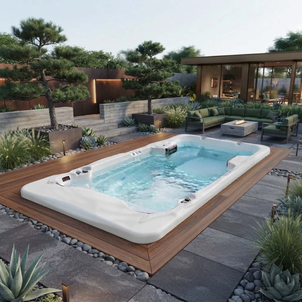 Schwimm Spa kaufen Pool mit Whirlpool Kosten integriert freistehend Bodeneinbau eingelassen versenkt im Garten Preise Kombination mit Abdeckung mit Gegenstromanlage