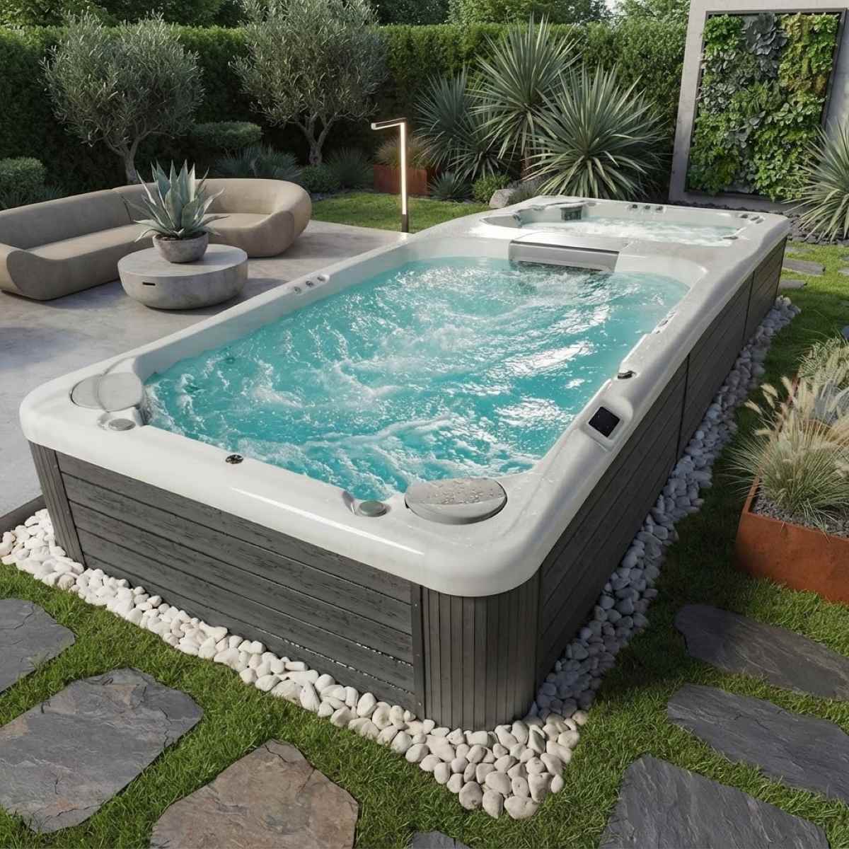 Swim Spa Pool Preise Outdoor Kosten mit Gegenstromanlage und Whirlpool integriert Kombination Dual Zone kaufen teilversenkt Düsseldorf Salzburg
