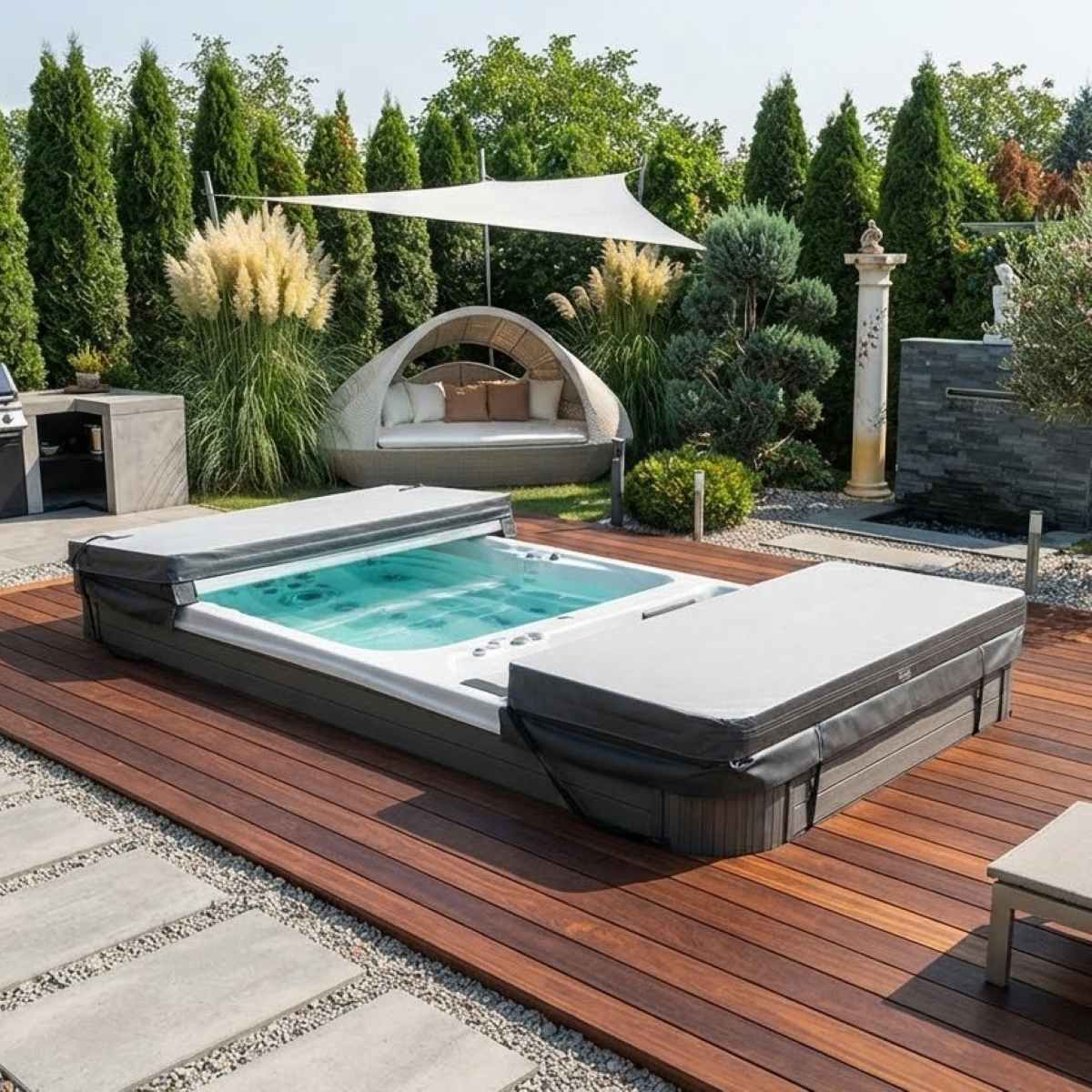 Swim Spa Pool mit Gegenstromanlage und Whirlpool integriert kaufen Preis teilversenkt Bodeneinbau eigelassen im Garten Testsieger mit Abdeckung Düsseldorf Graz