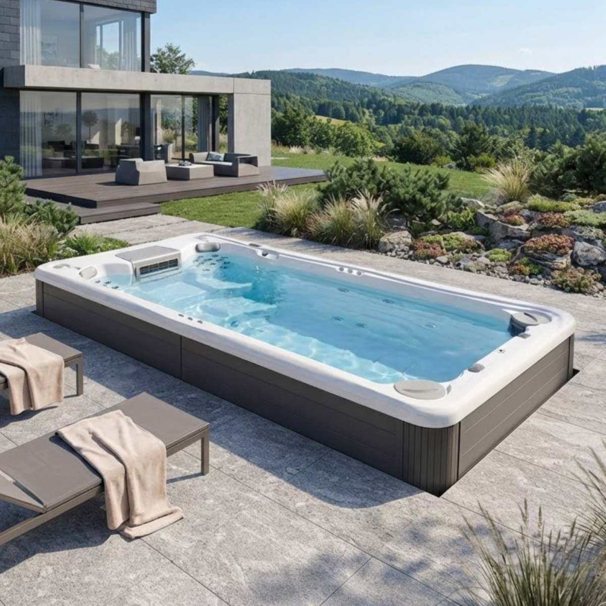 Swim Spa Pool mit Gegenstromanlage und Whirlpool intergriert Kombination kaufen Preis teilversenkt Testsieger Frankfurt Linz Wellis Swim Spa Reluxis Donau W-Flow