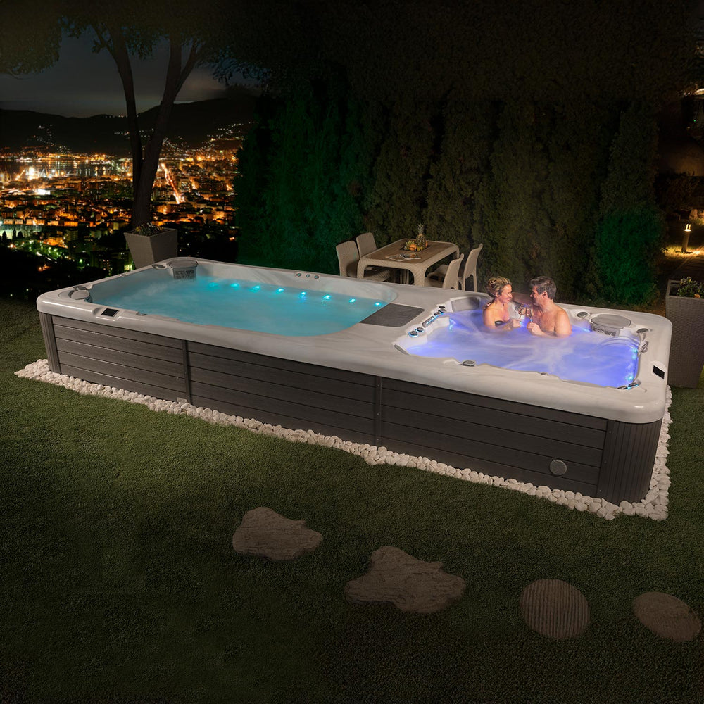 Swim Spa Reluxis Rio Grande W Flow Duo Wellis Pool kaufen Preis für den Garten mit Whirlpool abnds beleuchtet 2 Personen drin