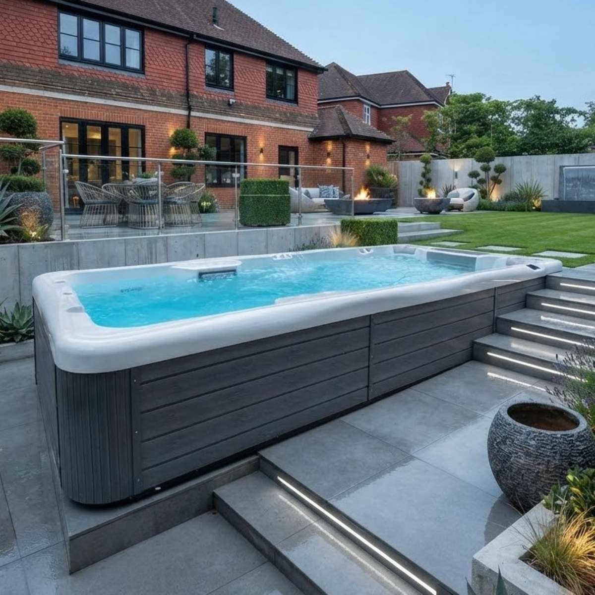 Swim Spa halb versenkt eingebaut Reluxis Donau Riverjet Life Wellis Pool kaufen Swimspa Pool mit Abdeckung Outdoor Garten Deutschland Österreich Berlin München Köln Wien Graz Linz