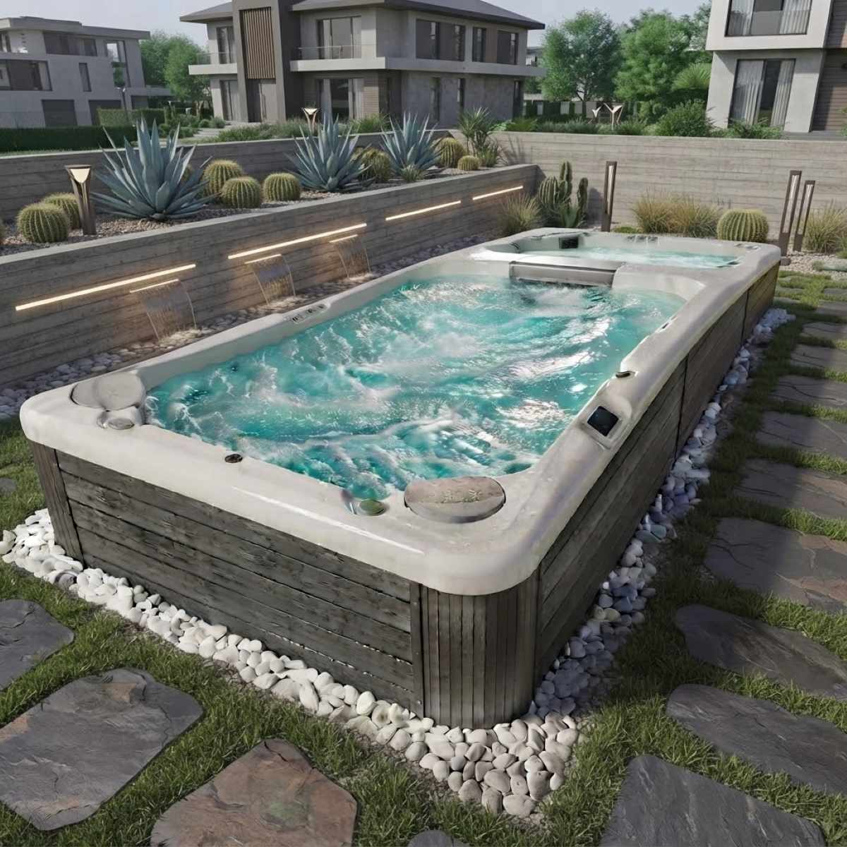 Swimspa kaufen Pool mit Abdeckung teilversenkt 2 Zonen Duo Dual Bodeneinbau freistehend Outdoor für den Garten München Salzburg Deutschland Österreich