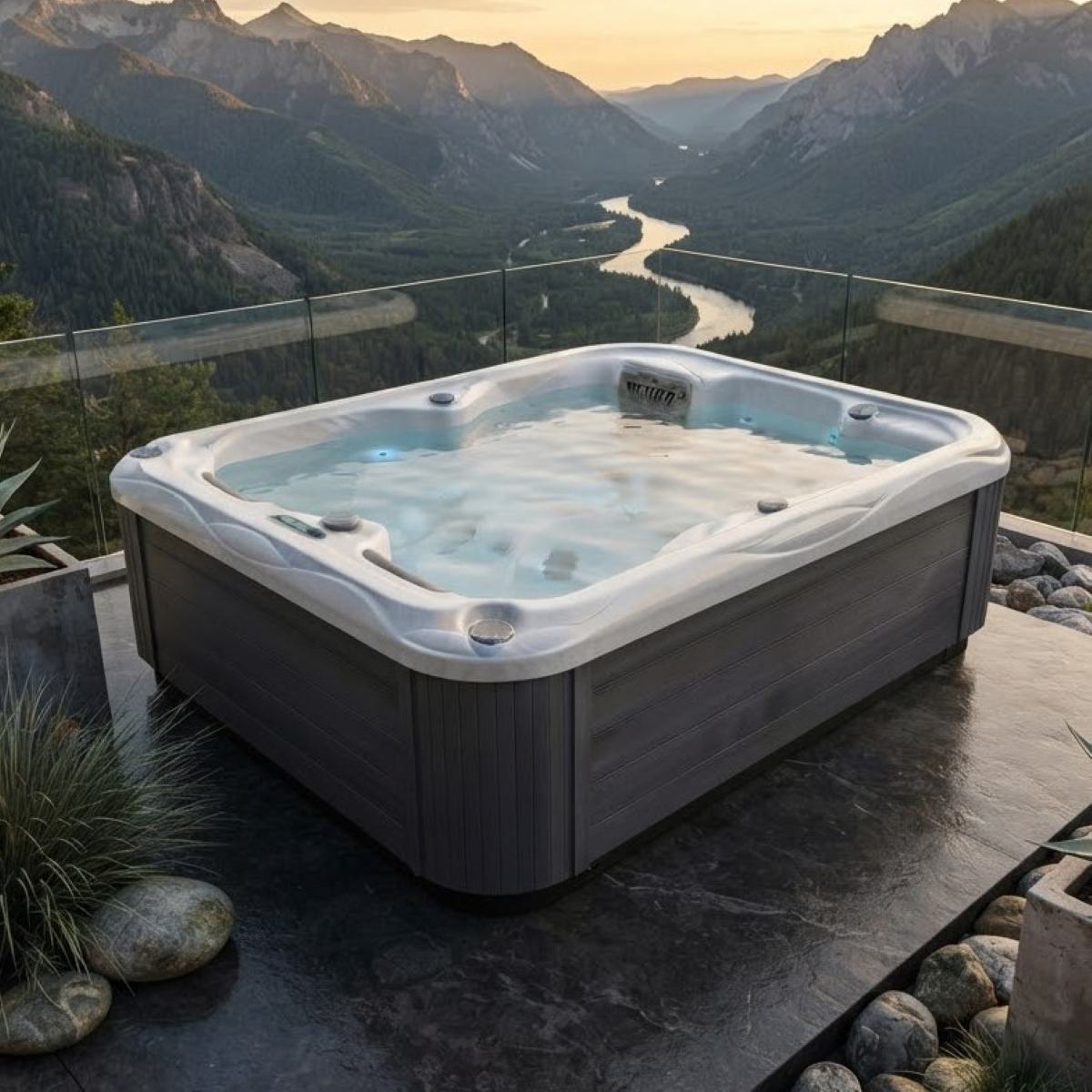 Whirlpool Outdoor 2 Personen winterfest kaufen für den Garten auf Balkon Terrasse draußen ganzjährig Kosten Angebote mit Abdeckung Wärmepumpe eckig