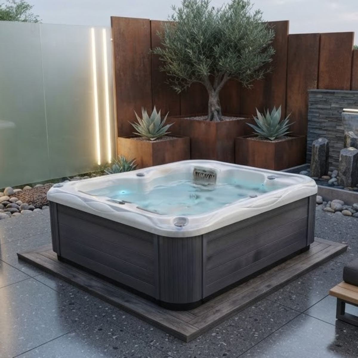 Whirlpool Outdoor 2 Personen winterfest kaufen für den Garten auf Balkon Terrasse draußen ganzjährig Preis Angebot mit Abdeckung Wärmepumpe eckig