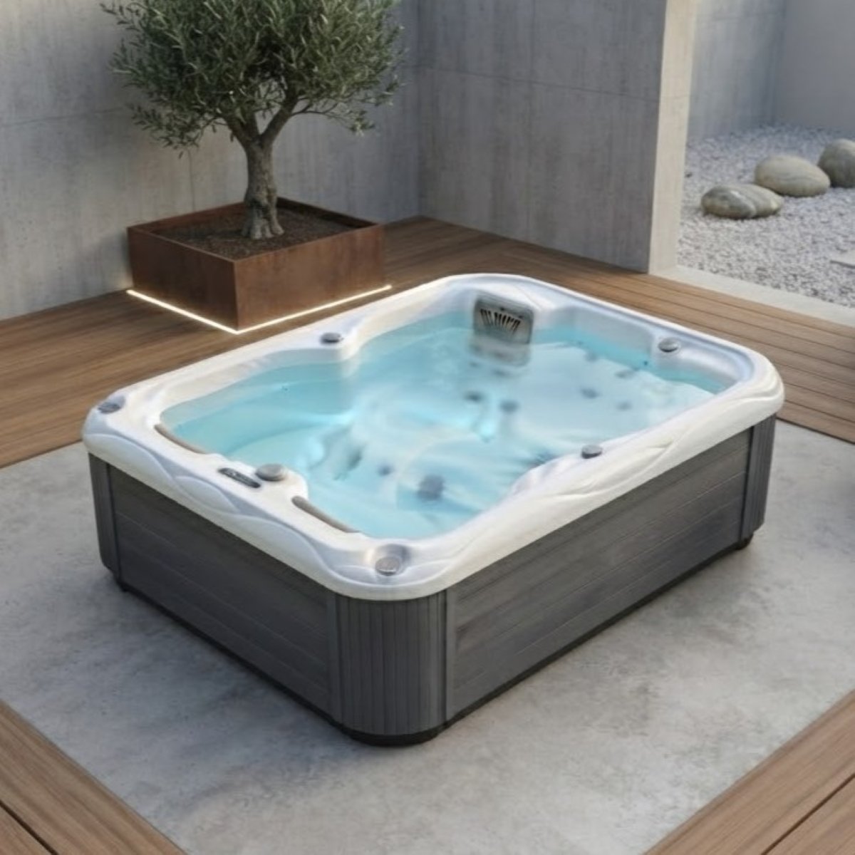 Whirlpool Outdoor 2 Personen winterfest kaufen für den Garten auf Balkon Terrasse draußen ganzjährig Preise Angebot mit Abdeckung Wärmepumpe eckig