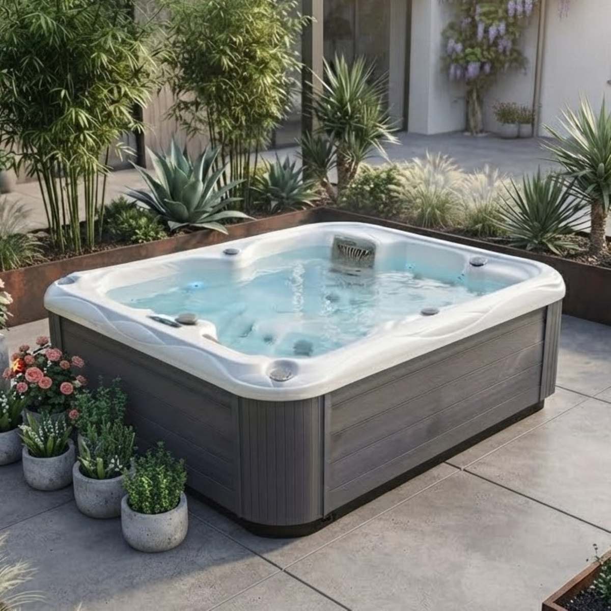 Whirlpool Outdoor 2 Personen winterfest kaufen für den Garten auf Balkon Terrasse draußen ganzjährig Preise Angebote mit Abdeckung Wärmepumpe eckig