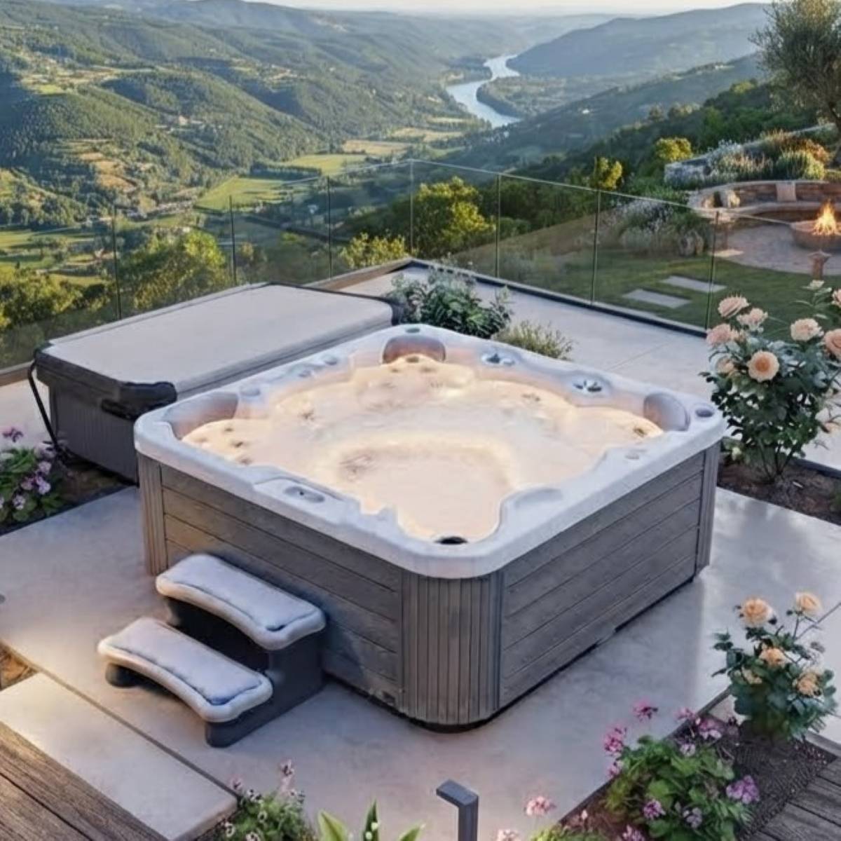 Whirlpool 4 Personen Outdoor winterfest mit Abdeckung Angebote Deutschland kaufen für den Garten draußen ganzjährig Preis mit Wärmepumpe auf der Terrasse
