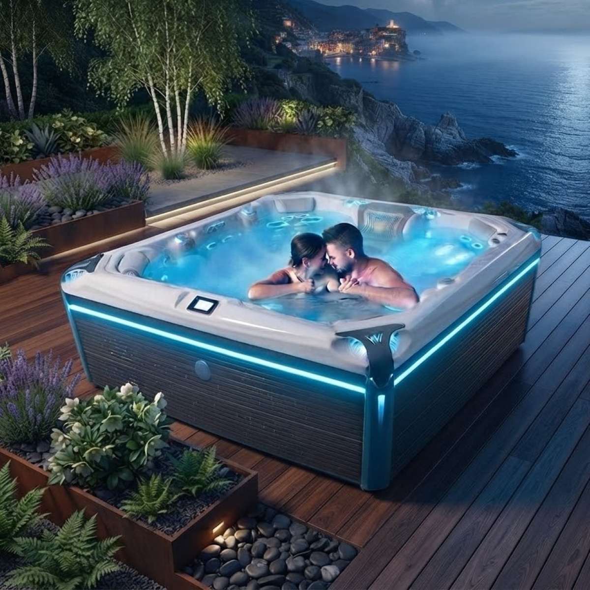 Whirlpool 4 Personen Outdoor winterfest mit Abdeckung Angebote Deutschland kaufen für den Garten draußen ganzjährig Preis mit Wärmepumpe auf der Terrasse