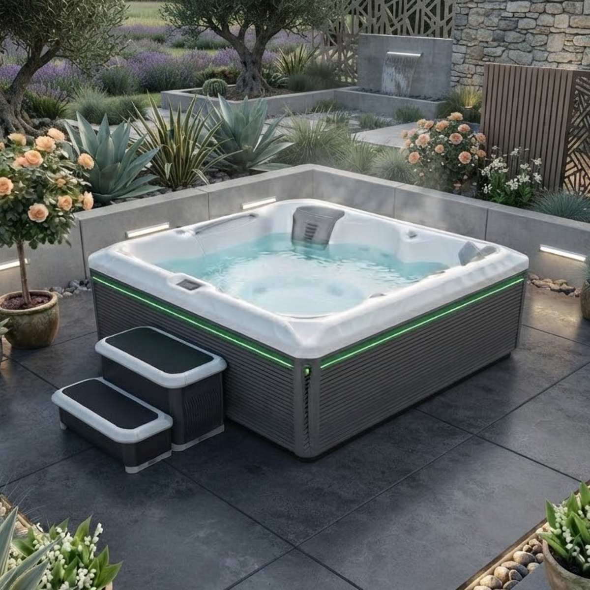 Whirlpool 6 Personen eckig Outdoor winterfest mit Abdeckung kaufen für den Garten auf Terrasse draußen ganzjährig Preise Angebote mit Wärmepumpe Komplettset Kosten