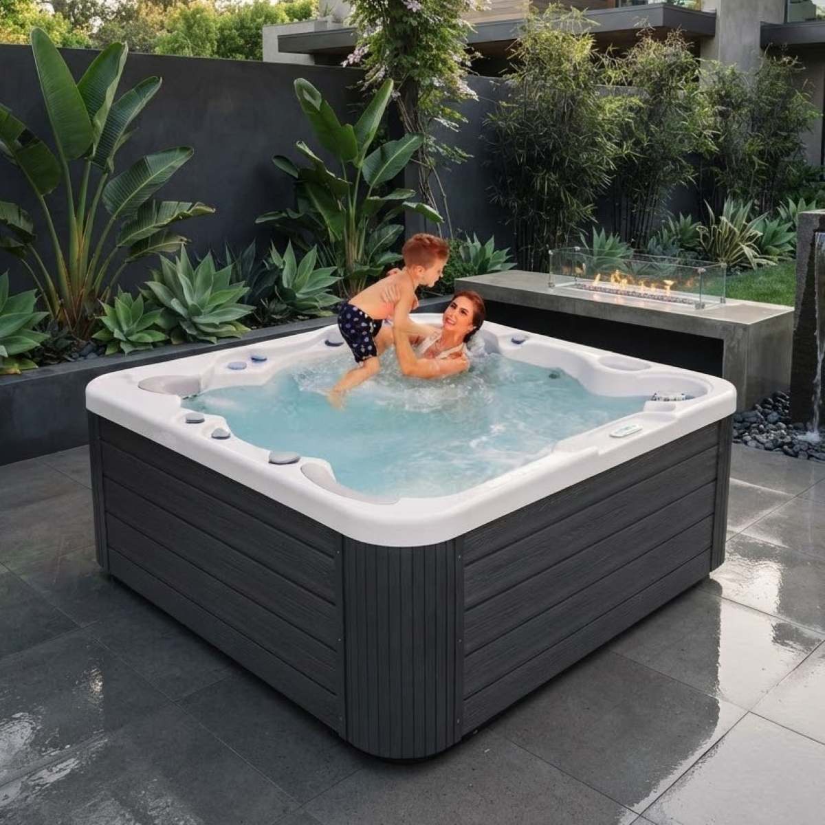 Whirlpool 6 Personen eckig Outdoor winterfest mit Abdeckung kaufen für den Garten auf der Terrasse draußen ganzjährig Preis Angebote mit Wärmepumpe Komplettset Kosten