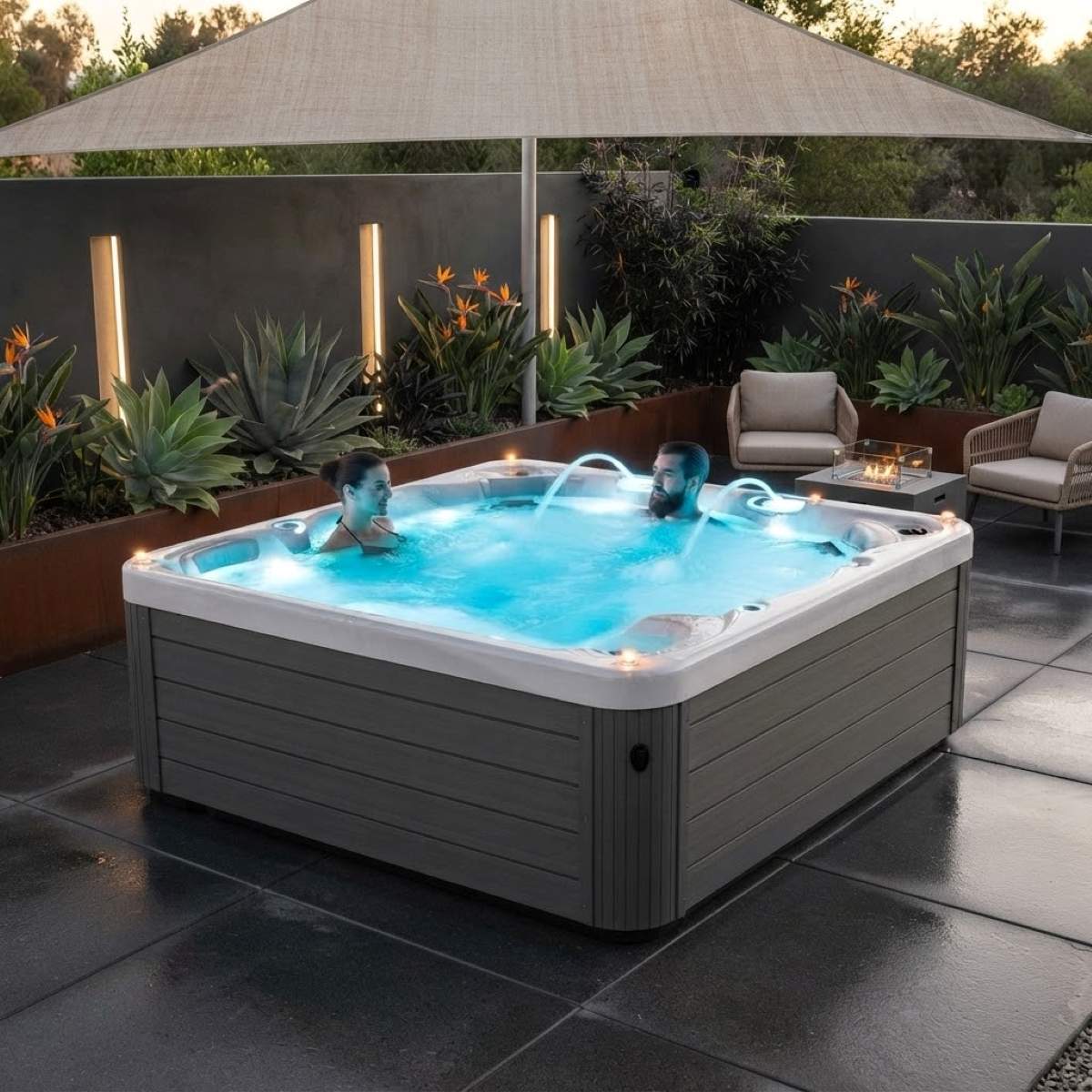 Whirlpool 6 Personen eckig Outdoor winterfest mit Abdeckung kaufen für den Garten auf der Terrasse draußen ganzjährig Preise Angebote Wärmepumpe Komplettset Kosten