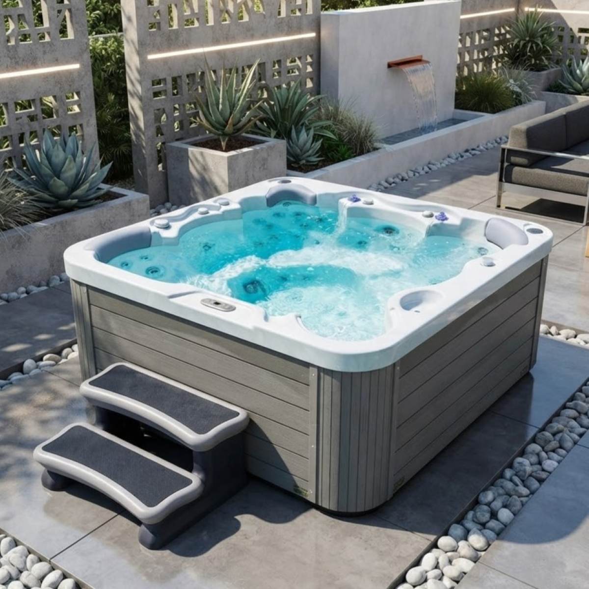 Whirlpool 6 Personen eckig Outdoor winterfest mit Abdeckung kaufen für den Garten auf der Terrasse draußen ganzjährig Preise Angebote mit Wärmepumpe Komplettset Kosten