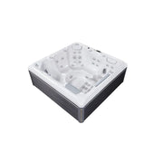 Whirlpool Garten 6 Personen winterfest Reluxis Atlas Life Wellis kaufen 1 Liege 5 Sitzplätze mit Wasserfall und Düsen beleuchtet Seitenwand grau