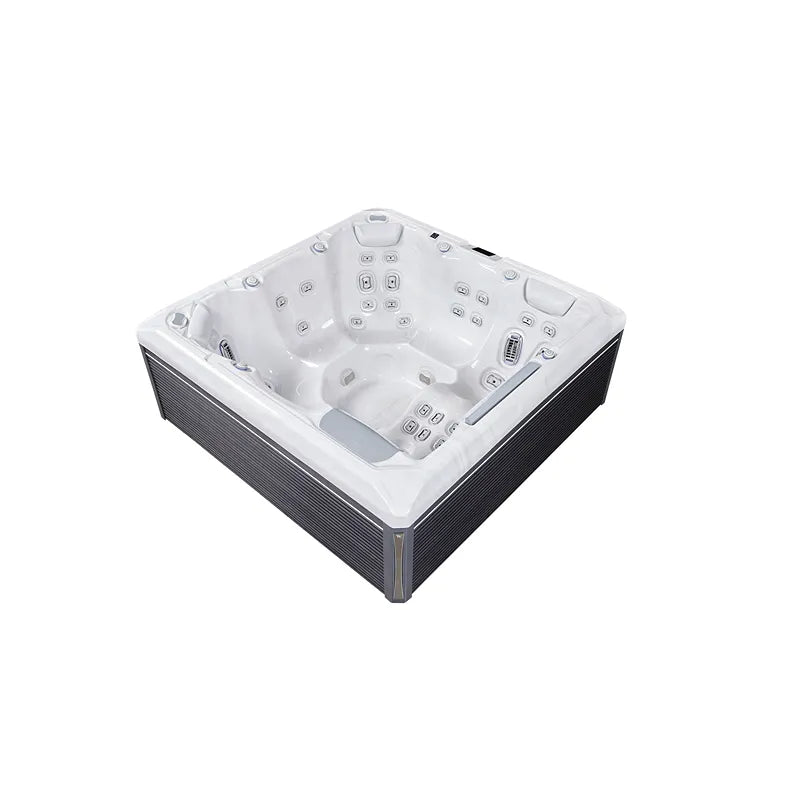 Whirlpool Garten 6 Personen winterfest Reluxis Atlas Life Wellis kaufen 1 Liege 5 Sitzplätze mit Wasserfall und Düsen beleuchtet Seitenwand grau