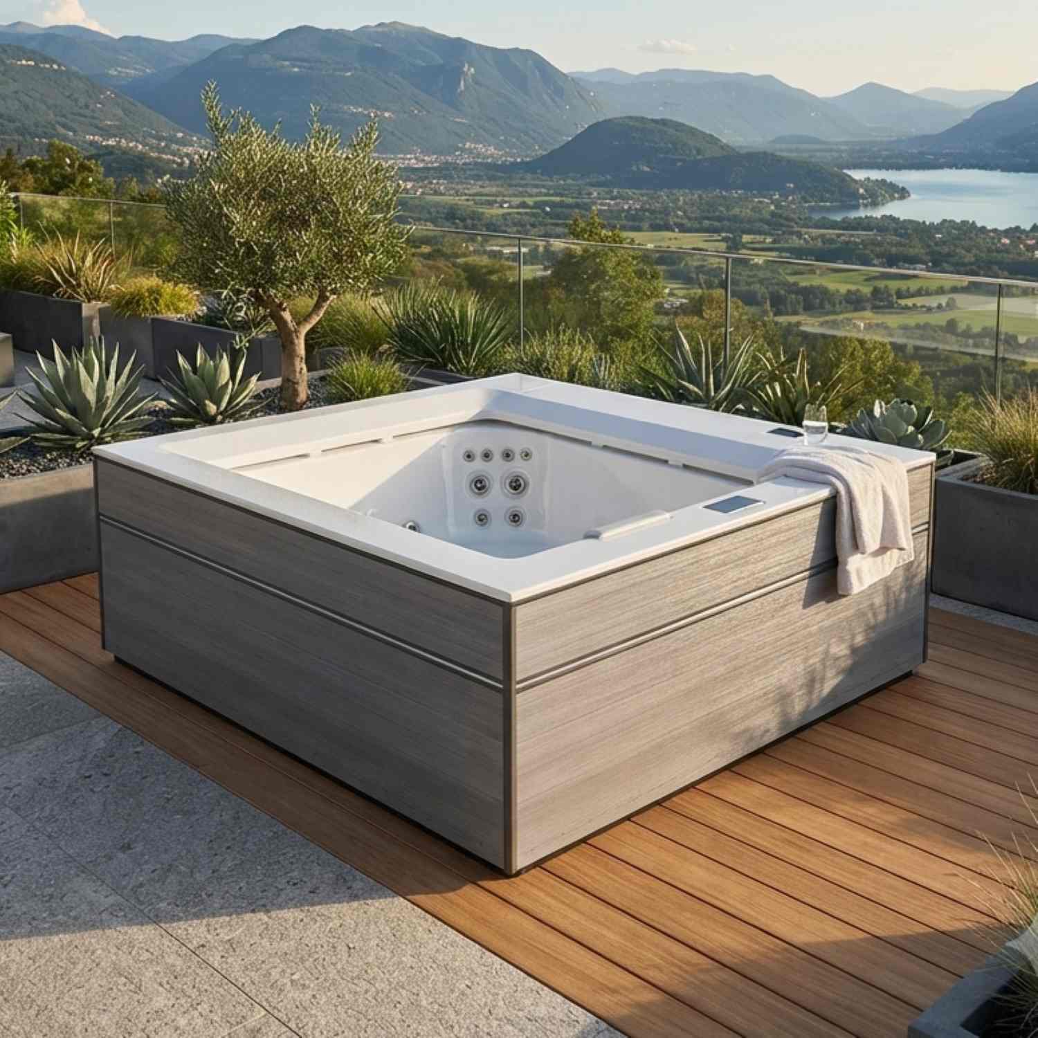 Whirlpool Outdoor 2 Personen winterfest Reluxis Dabassy Edge Select Wellis im Garten kaufen Design modern highend viereckig auf der Terrasse