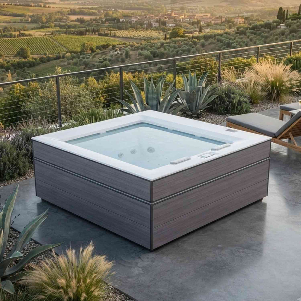 Whirlpool Outdoor 2 Personen winterfest Reluxis Dabassy Edge Select Wellis im Garten kaufen Design modern highend viereckig