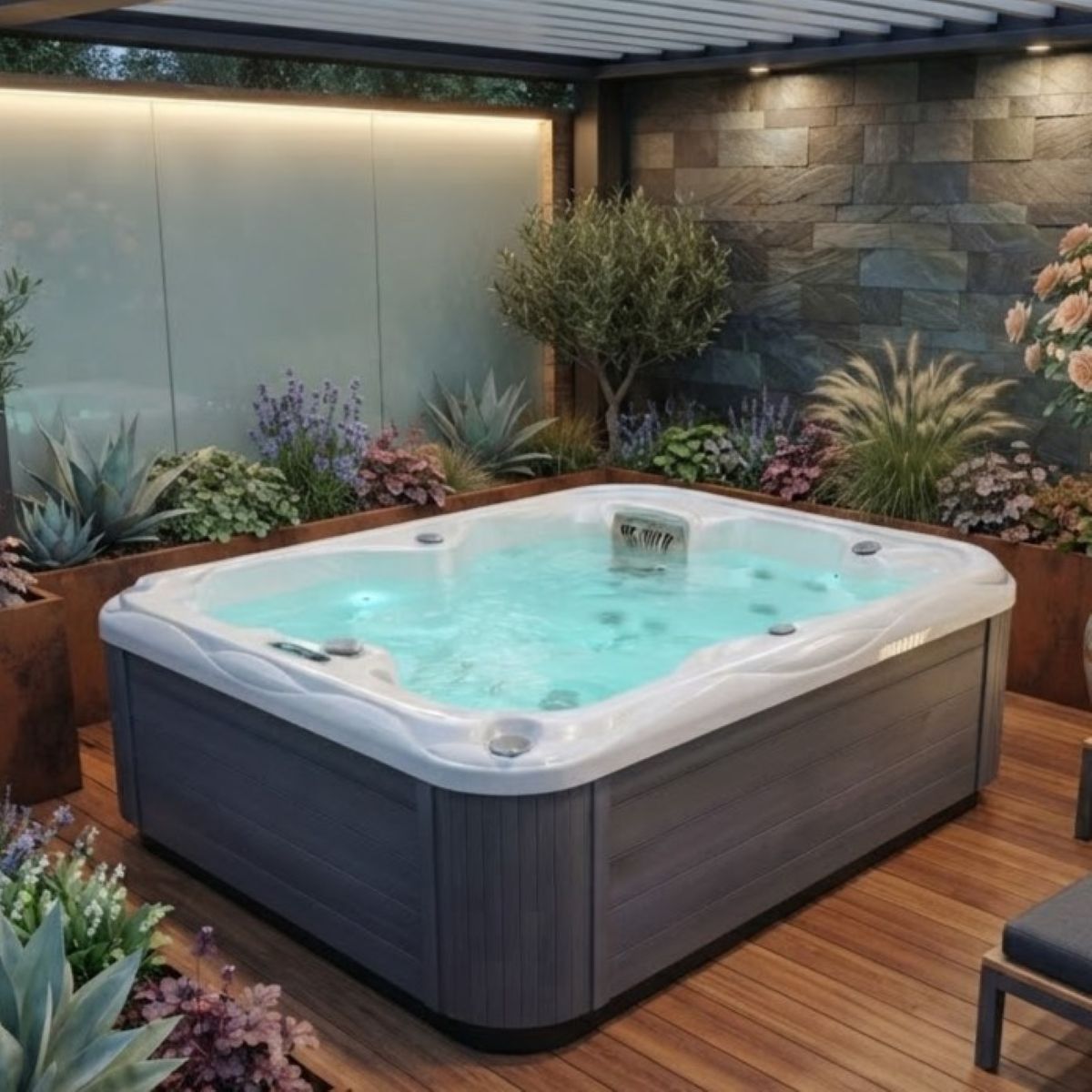 Whirlpool Outdoor 2 Personen winterfest kaufen für den Garten auf Balkon Terrasse draußen ganzjährig Kosten Angebot mit Abdeckung Wärmepumpe eckig