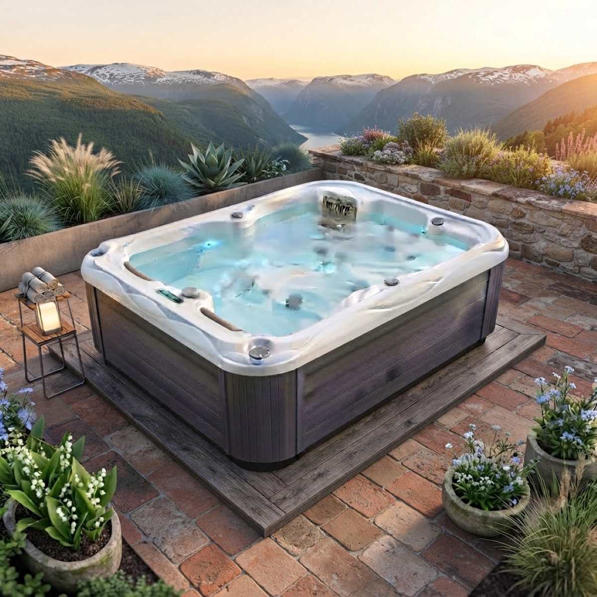 Whirlpool Outdoor 2 Personen winterfest kaufen für den Garten auf Balkon Terrasse draußen ganzjährig Preis Angebot mit Abdeckung Wärmepumpe eckig