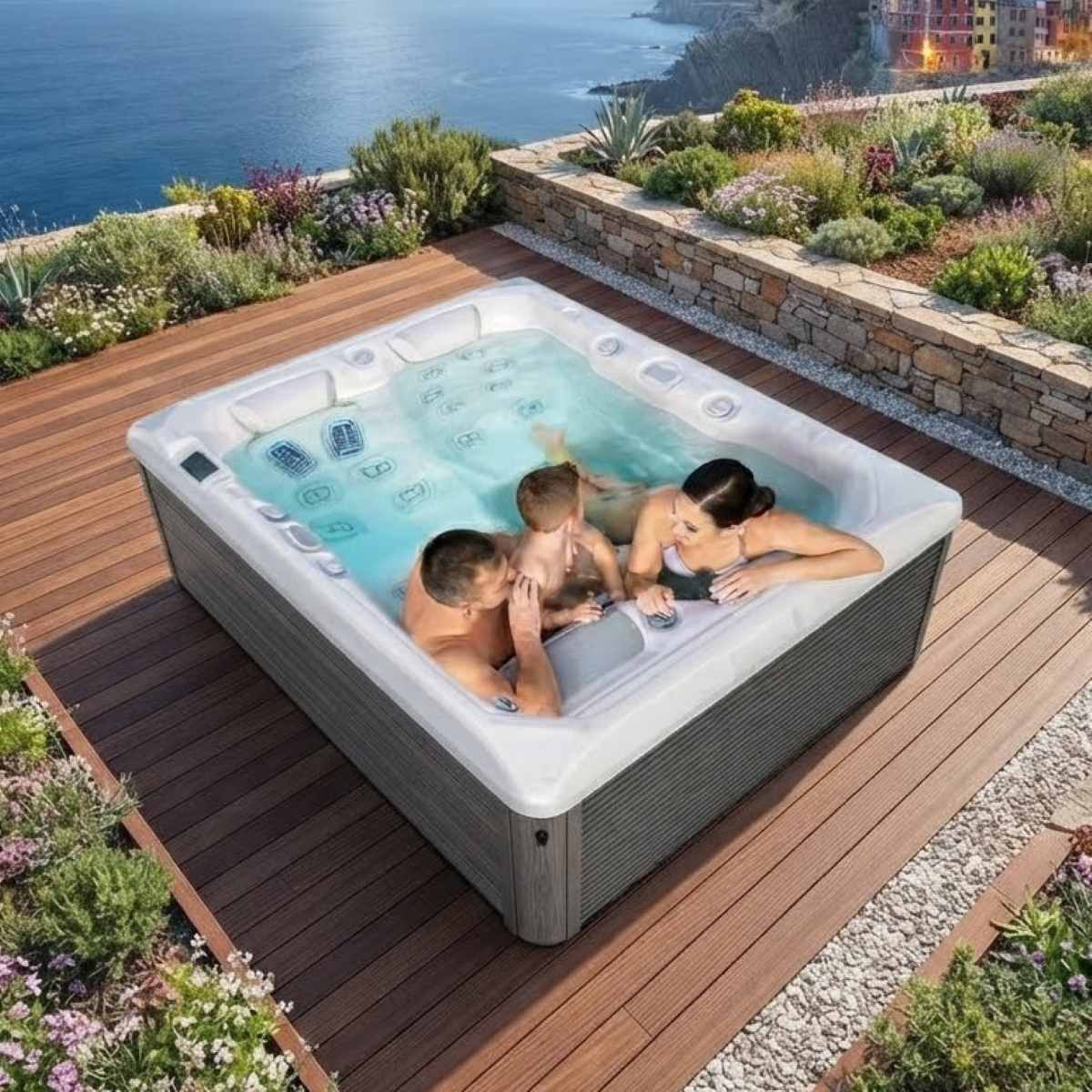 Whirlpool Outdoor 2 Personen winterfest kaufen für den Garten auf Balkon Terrasse draußen ganzjährig Preise Angebot mit Abdeckung Wärmepumpe eckig