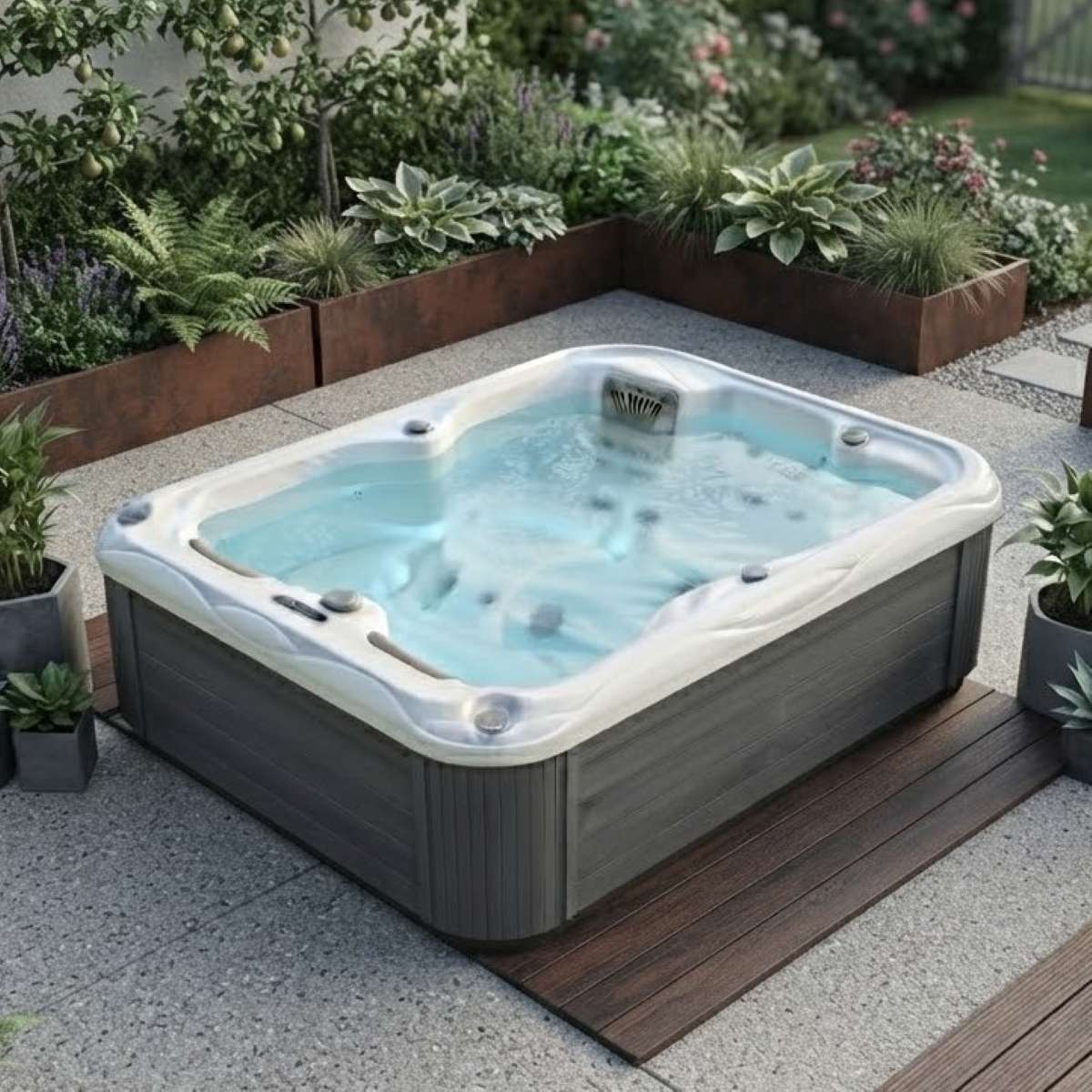 Whirlpool Outdoor 2 Personen winterfest kaufen für den Garten auf Balkon Terrasse draußen ganzjährig Preise Angebote mit Abdeckung Wärmepumpe eckig