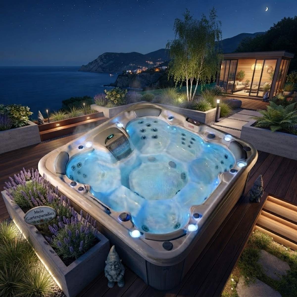 Whirlpool Outdoor 4 Personen winterfest mit Abdeckung Angebote Deutschland kaufen für den Garten draußen ganzjährig Kosten mit Wärmepumpe auf der Terrasse