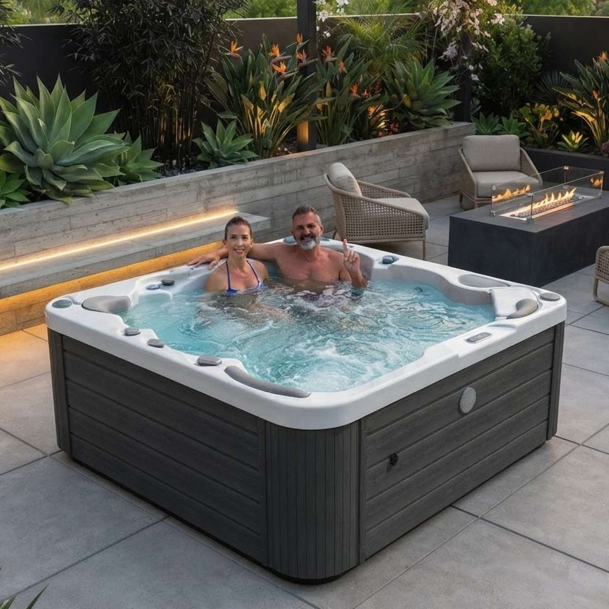Whirlpool Outdoor 6 Personen winterfest mit Abdeckung kaufen für den Garten auf der Terrasse Ideen draußen ganzjährig Preise Angebot mit Wärmepumpe eckig Komplettset