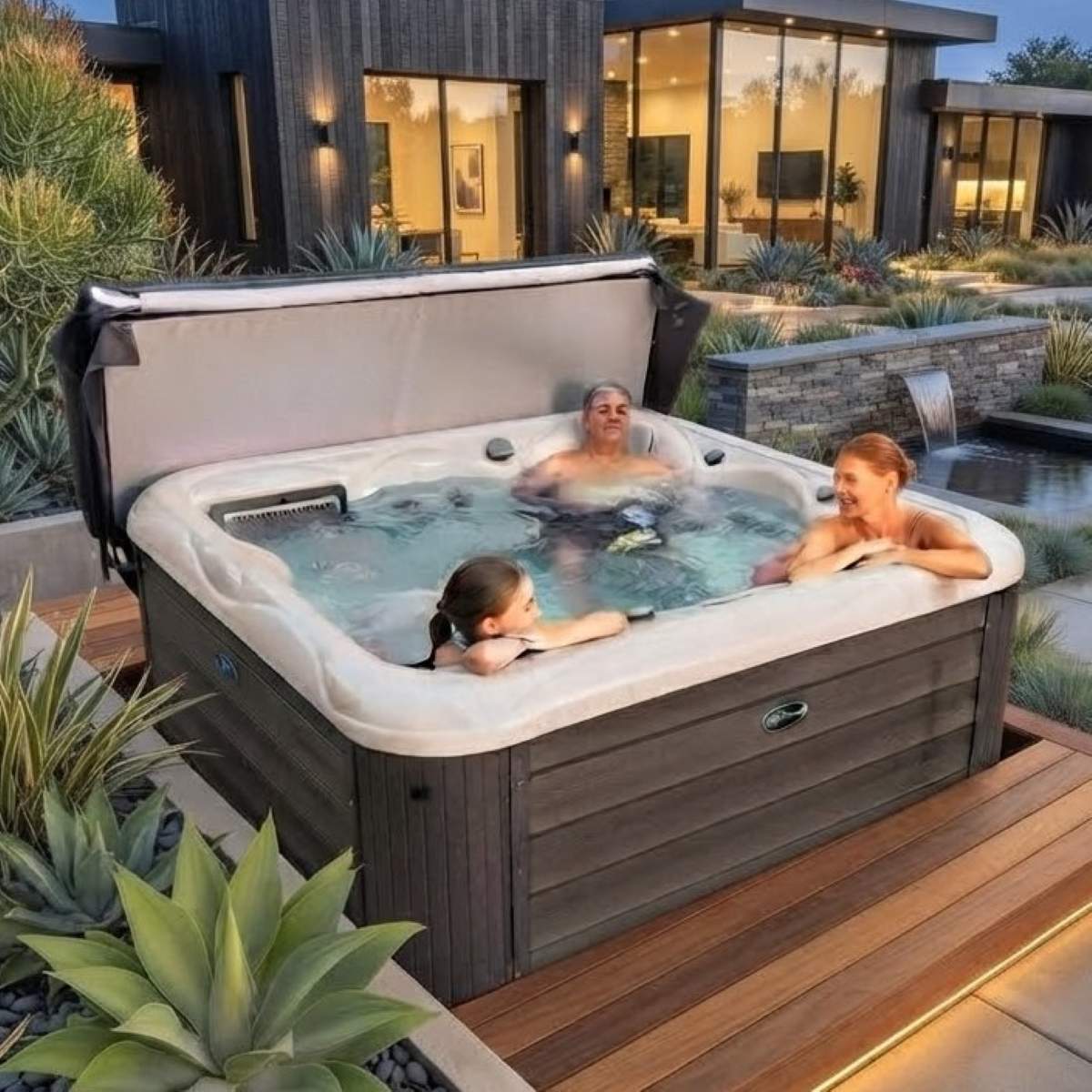 Whirlpool Outdoor 6 Personen winterfest mit Abdeckung kaufen für den Garten auf der Terrasse Ideen draußen ganzjährig Preise Angebote mit Wärmepumpe eckig Komplettset
