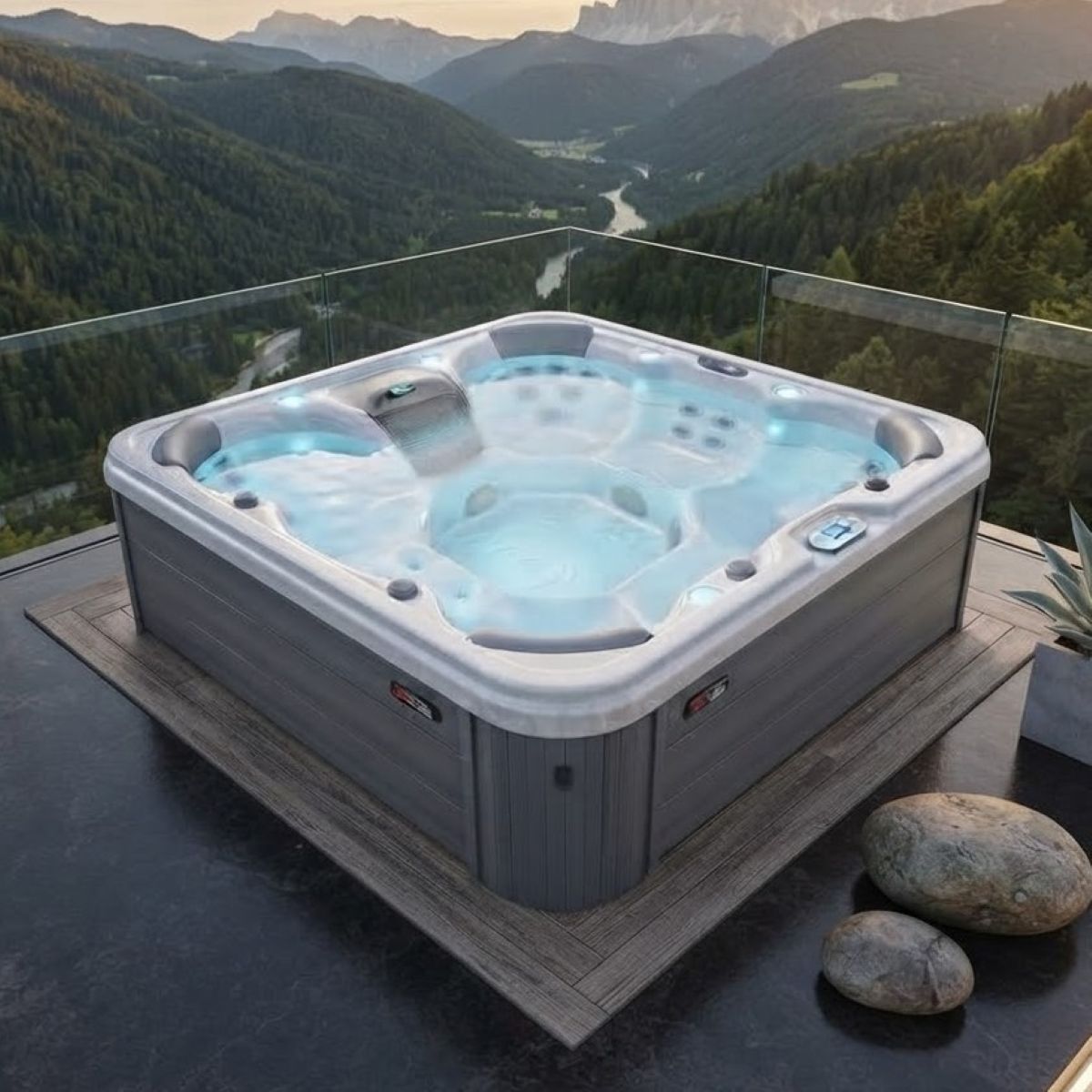 Whirlpool Outdoor 6 Personen winterfest mit Abdeckung kaufen für den Garten auf der Terrasse Ideen draußen ganzjährig Preis Angebot mit Wärmepumpe eckig Komplettset