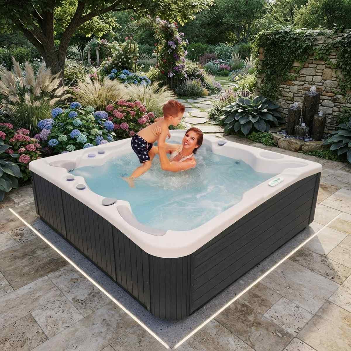 Whirlpool Outdoor 6 Personen winterfest mit Abdeckung kaufen für den Garten auf der Terrasse Ideen draußen ganzjährig Preis Angebote mit Wärmepumpe eckig Komplettset