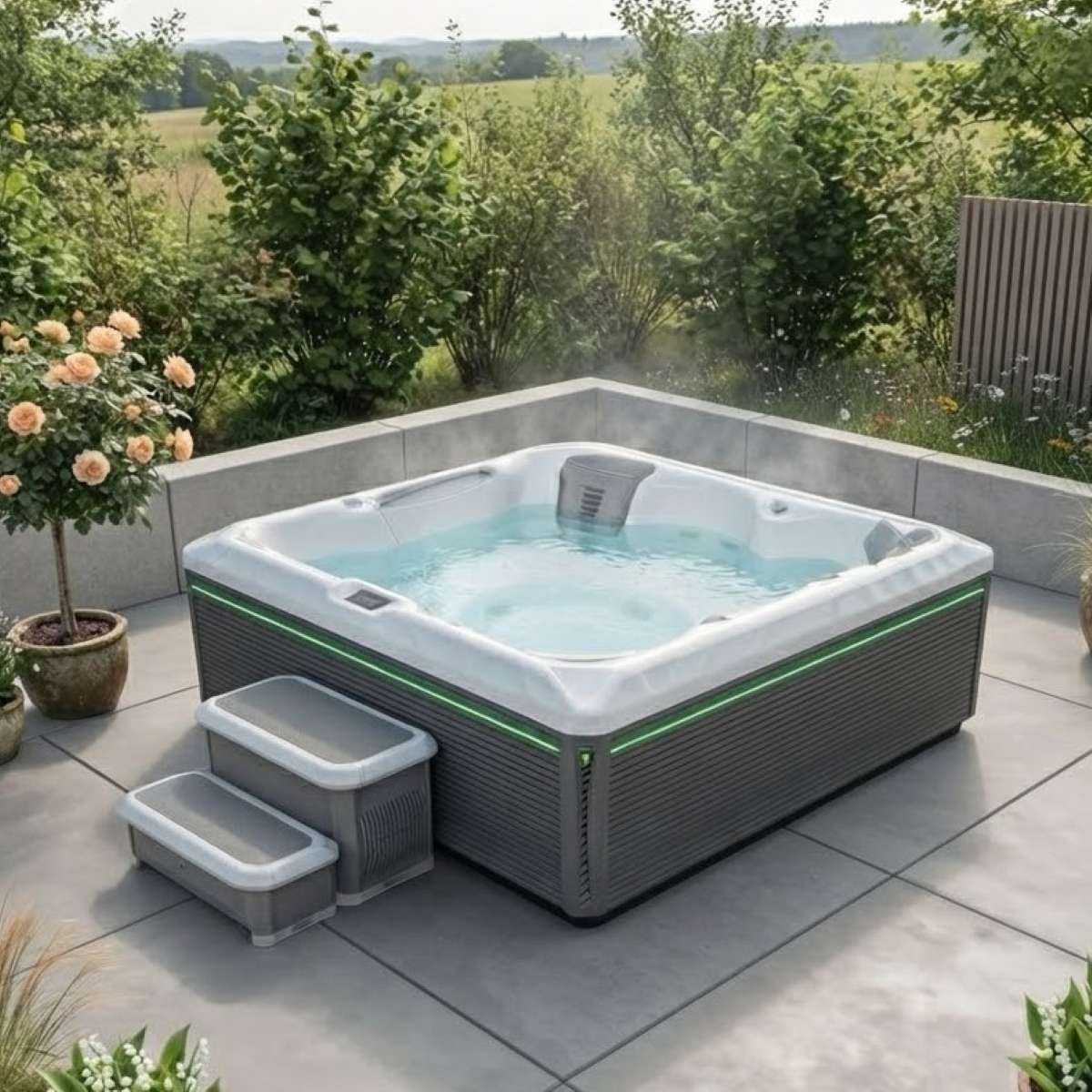 Whirlpool für den Garten kaufen winterfest 2-4-6 Personen eckig auf der Terrasse draußen ganzjährig Kosten Preise Angebote mit Abdeckung mit Wärmepumpe