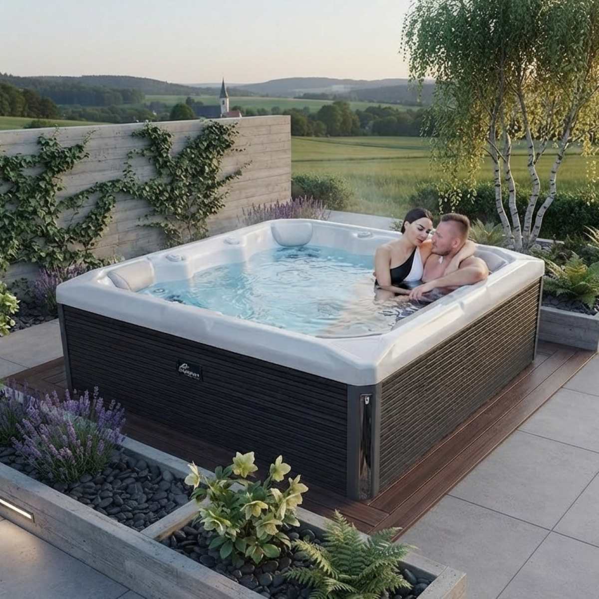 Whirlpool für den Garten kaufen winterfest 2-4-6 Personen eckig auf der Terrasse draußen ganzjährig Kosten Preise Angebot mit Abdeckung mit Wärmepumpe