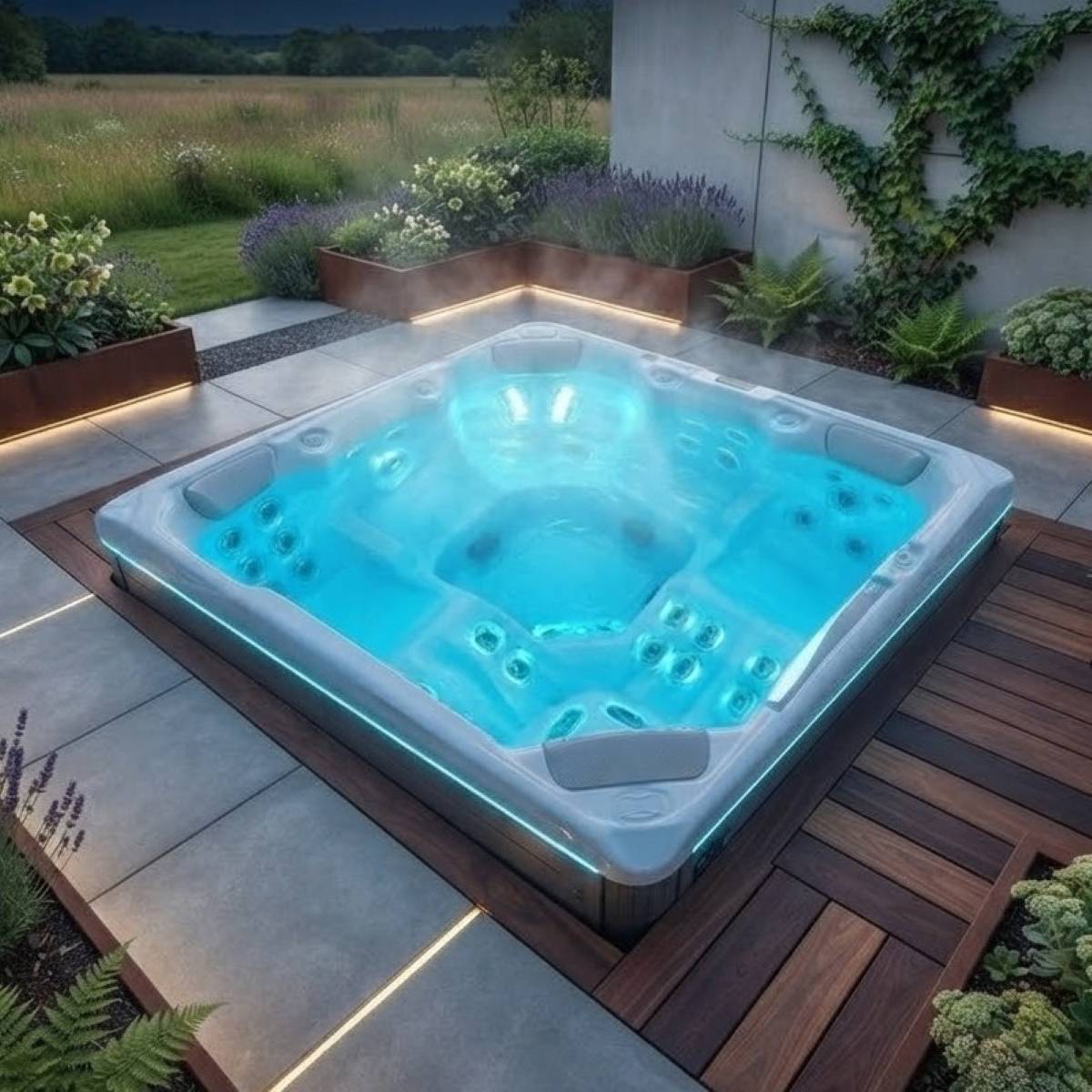Whirlpool kaufen in der Näher Outdoor winterfest 2-4-6 Personen 4 eckig auf der Terrasse draußen ganzjährig Kosten Angebot mit Abdeckung mit Wärmepumpe