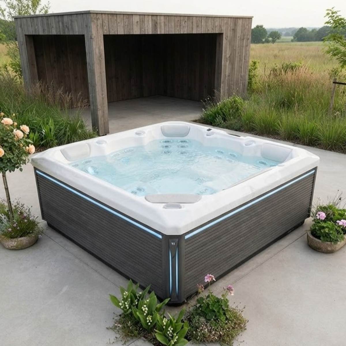 Whirlpool kaufen in der Näher Outdoor winterfest 2-4-6 Personen 4 eckig auf der Terrasse draussen ganzjährig Preise Angebot mit Abdeckung mit Wärmepumpe