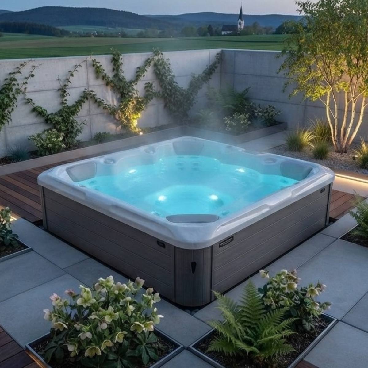 Whirlpool kaufen in der Näher Outdoor winterfest 2-4-6 Personen 4 eckig auf der Terrasse draußen ganzjährig Preis Angebot mit Abdeckung mit Wärmepumpe