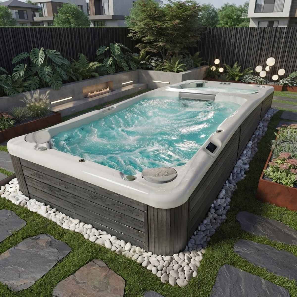Whirlpool mit Gegenstromanlage zum Schwimmen Preis Outdoor klein oder groß für den Garten Swimspa 2 Zonen Duo Dual teilversenkt Bodeneinbau eingelassen Berlin Wien