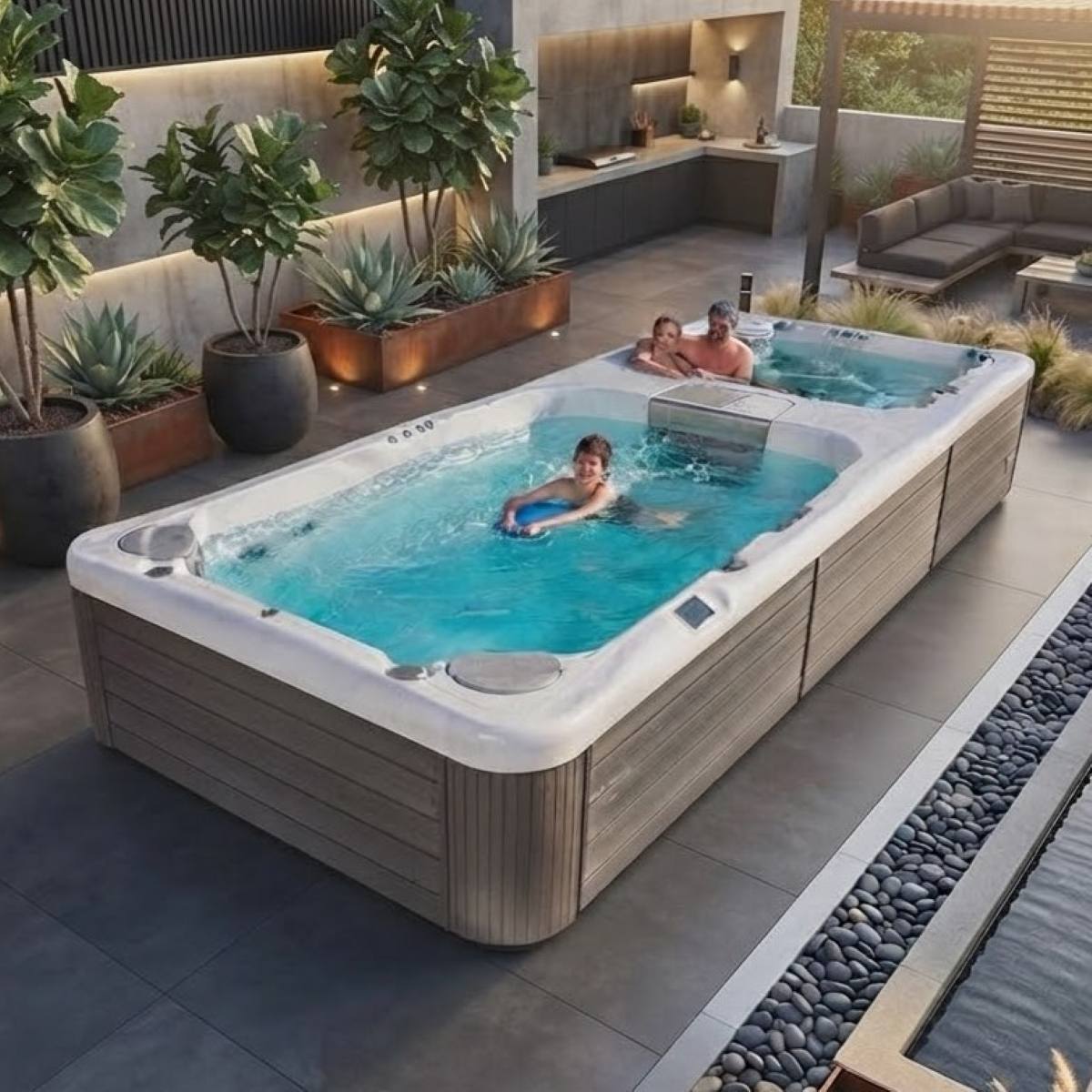 Whirlpool mit Gegenstromanlage zum Schwimmen Preis Outdoor klein oder groß für den Garten Swimspa 2 Zonen Duo Dual teilversenkt Bodeneinbau eingelassen Hamburg Graz