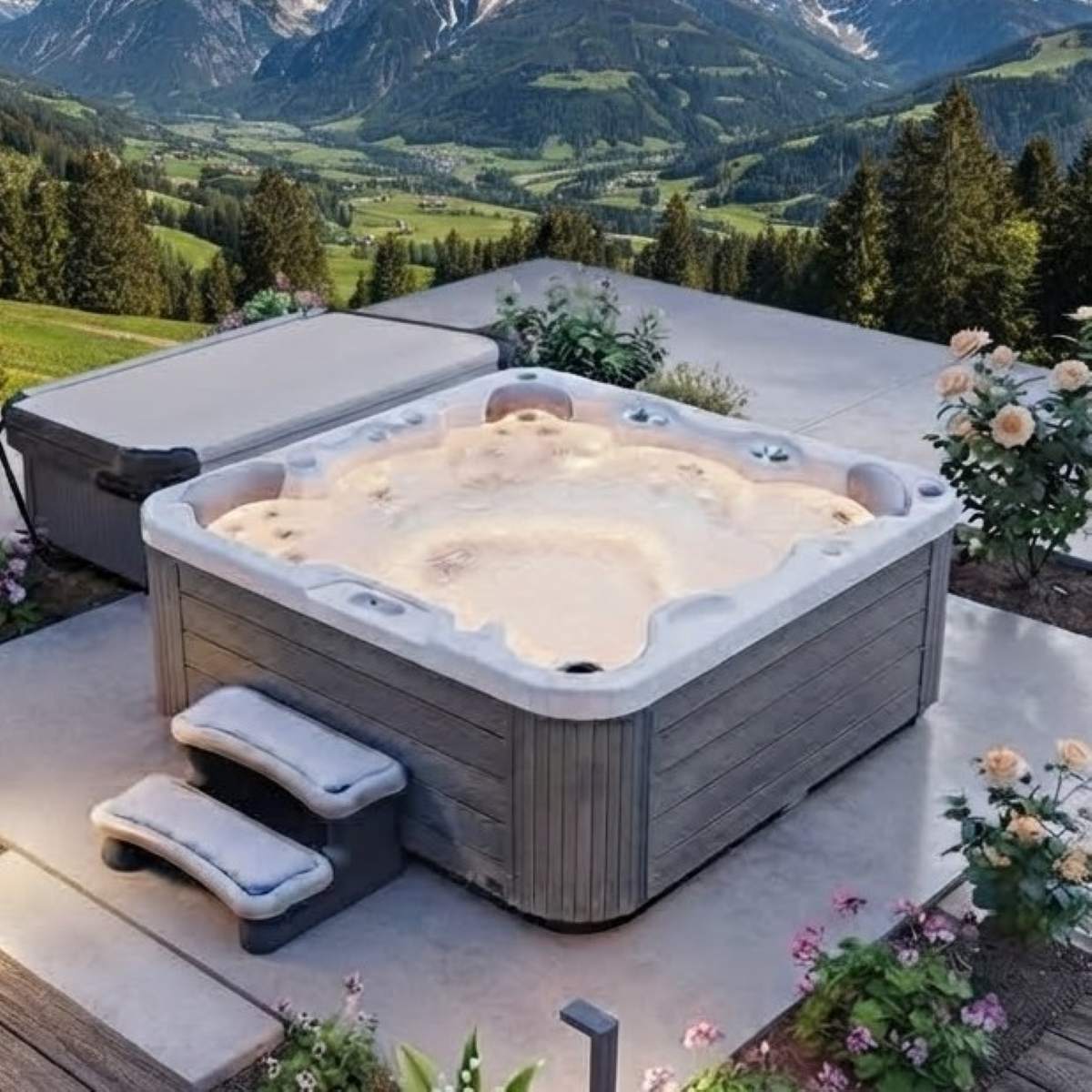 Whirlpool mit Wärmepumpe kaufen Outdoor 2-4-6 Personen winterfest mit Abdeckung eckig Angebot für den Garten draußen ganzjährig Kosten auf der Terrasse