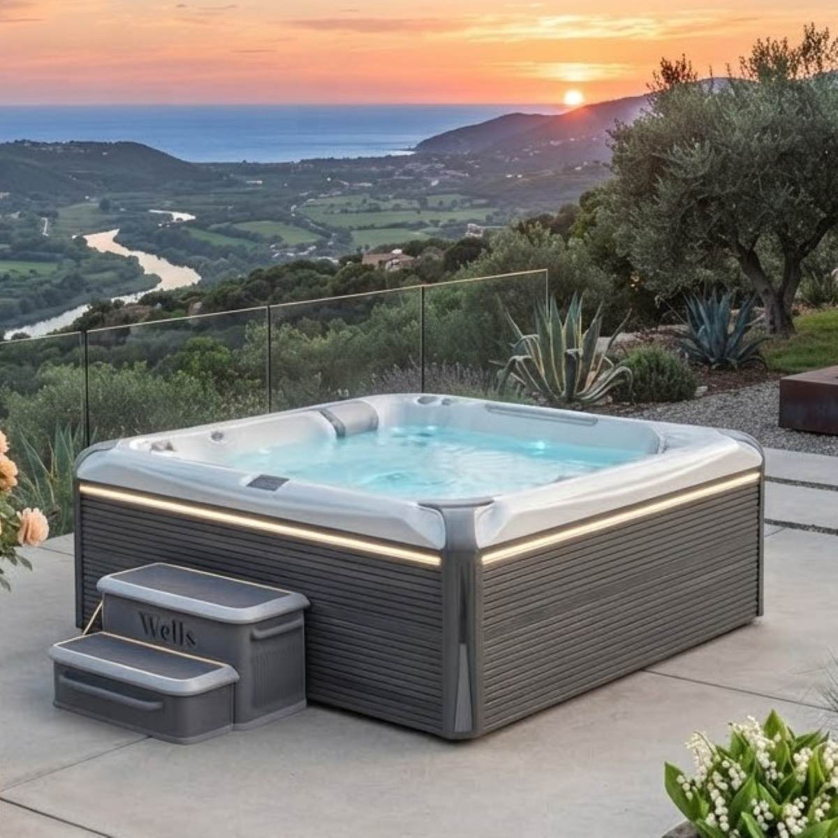 Whirlpool mit Wärmepumpe kaufen Outdoor 2-4-6 Personen winterfest mit Abdeckung eckig Angebote für den Garten draußen ganzjährig Kosten auf Terrasse