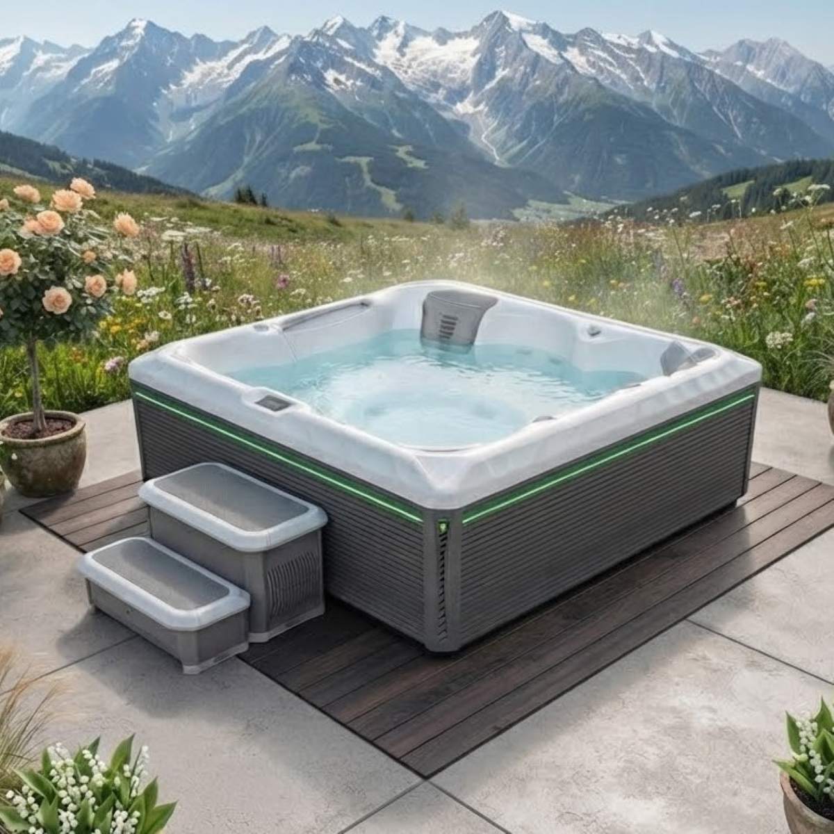 Whirlpool mit Wärmepumpe kaufen Outdoor 2-4-6 Personen winterfest mit Abdeckung eckig Angebote für den Garten draußen ganzjährig Kosten auf der Terrasse