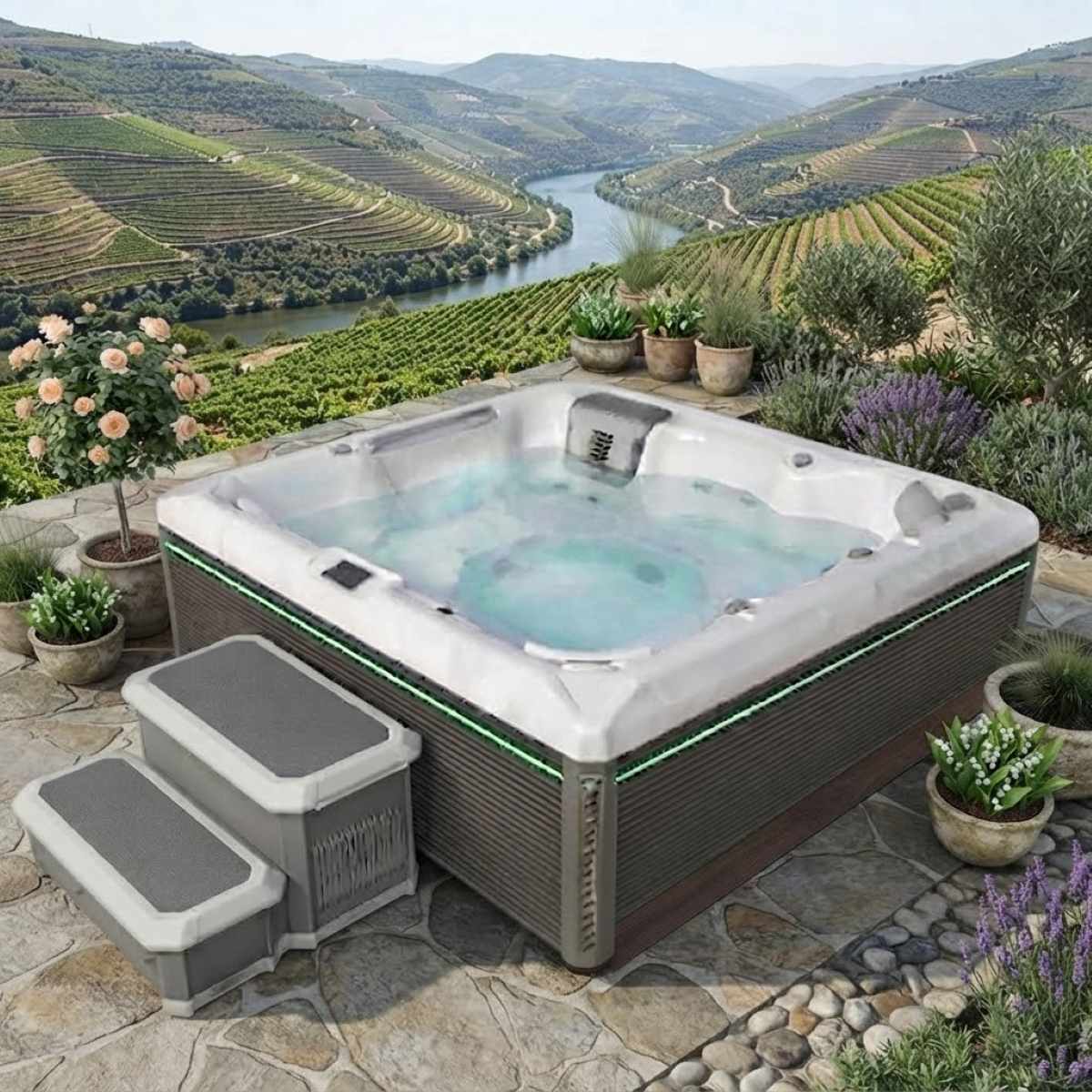Whirlpool mit Wärmepumpe kaufen Outdoor 2-4-6 Personen winterfest mit Abdeckung eckig Angebote für den Garten draußen ganzjährig Kosten für die Terrasse