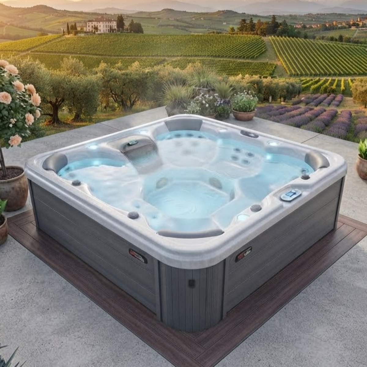 Whirlpool mit Wärmepumpe kaufen Outdoor 2-4-6 Personen winterfest mit Abdeckung eckig Angebote im Garten draußen ganzjährig Kosten auf der Terrasse